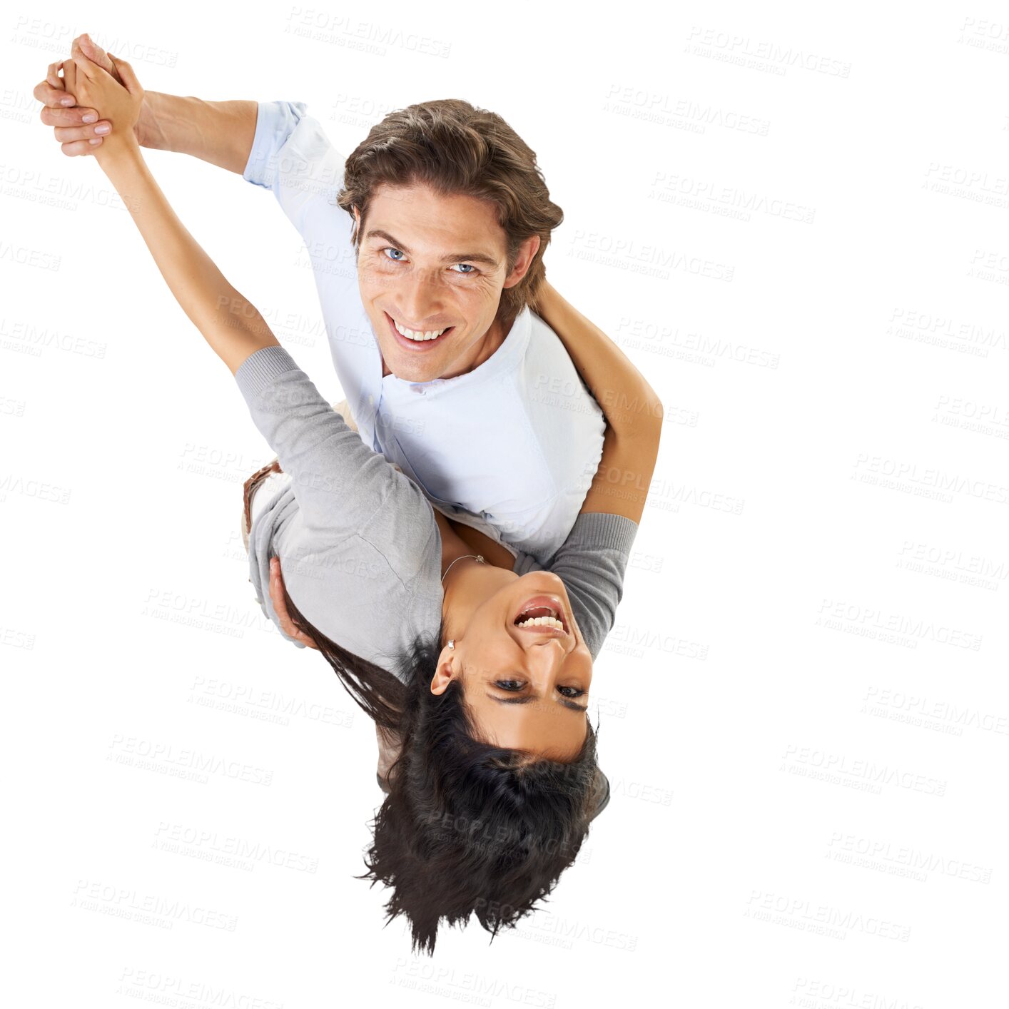 Buy stock photo Portrait, dancing and couple smile above holding hands feeling happy. Happiness, loving and man with woman dance with love and interracial partner and isolated on a transparent, png background