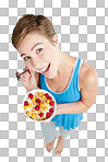 Portrait, breakfast and food with a woman for health from above. Diet, muesli and overhead with an attractive young female eating healthy for nutrition isolated on a png background