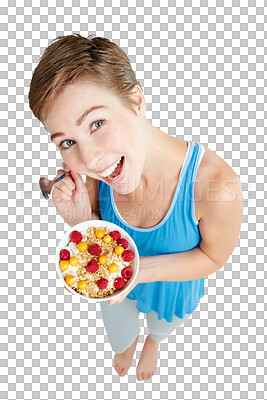 Buy stock photo Portrait, breakfast and food with a woman for health from above with a smile. Diet, muesli and an attractive young female eating healthy fruit for nutrition isolated on a transparent png background