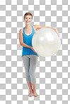 Portrait, workout and woman with fitness ball for wellness and health. Exercise, training and fit happy female ready for healthy body and lifestyle isolated on a png background