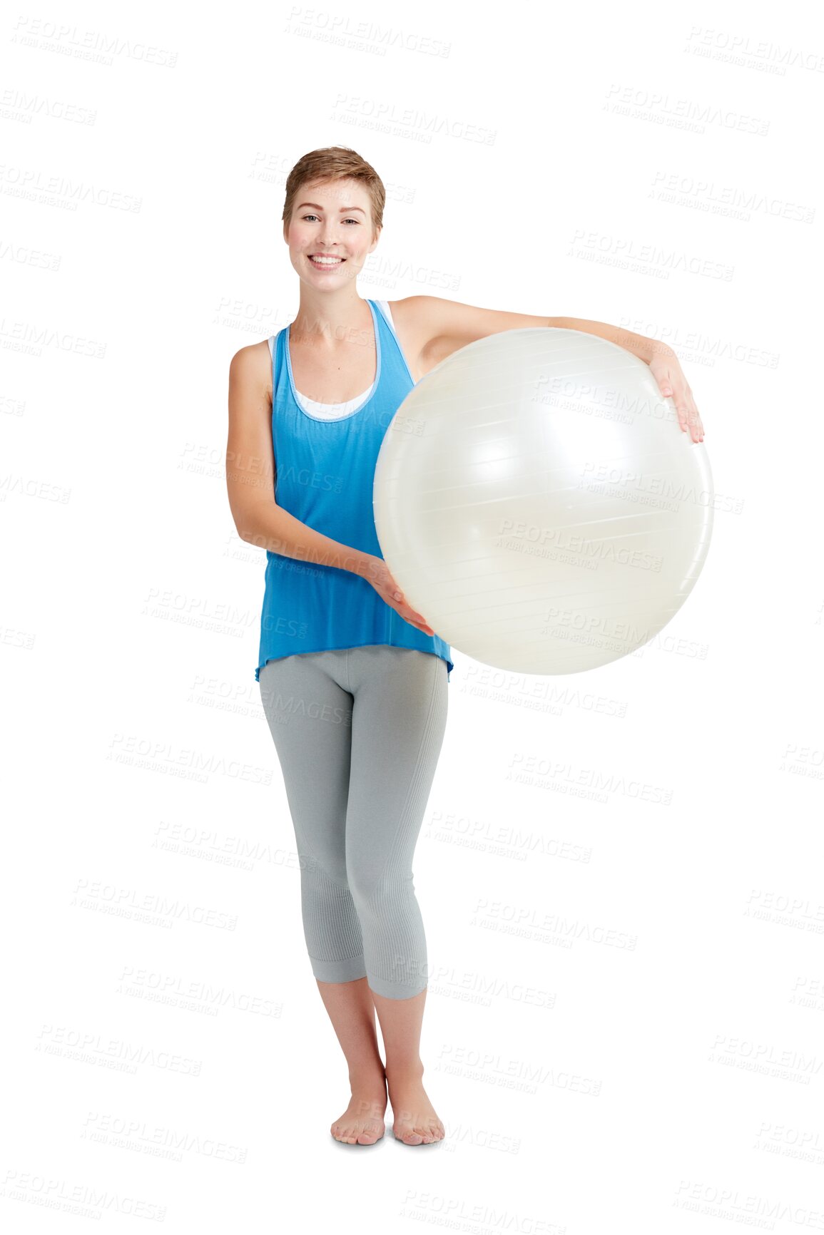 Buy stock photo Portrait, workout and woman with fitness ball for wellness,  health and the gym. Exercise, training and a fit happy female ready for healthy body and lifestyle isolated on transparent png background