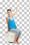 Exercise ball, portrait and woman in studio for fitness, advertising and cardio. Full body, workout and weight loss training lady on pilates object for balance, bounce or isolated on a png background