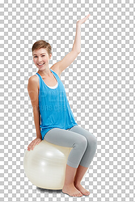 Buy stock photo Fitness, palm and portrait of woman isolated on a transparent, png background balance ball and product placement. Happy pilates, exercise or workout person with yoga sports and hand presentation