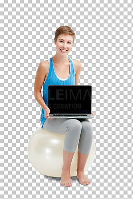 Buy stock photo Laptop screen, fitness and woman isolated transparent, png background sitting on balance ball and website advertising. Happy portrait of pilates person on computer presentation, promo or application