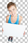 Announcement, smile and portrait of a woman with a board. Billboard, branding and girl holding a mockup banner with space for advertising on a backdrop isolated on a png background