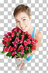 Woman, smile and rose bouquet in portrait, Valentines day gift and love, nature. Face, beauty and happy person, romance and celebrate holiday or anniversary in isolated on a png background