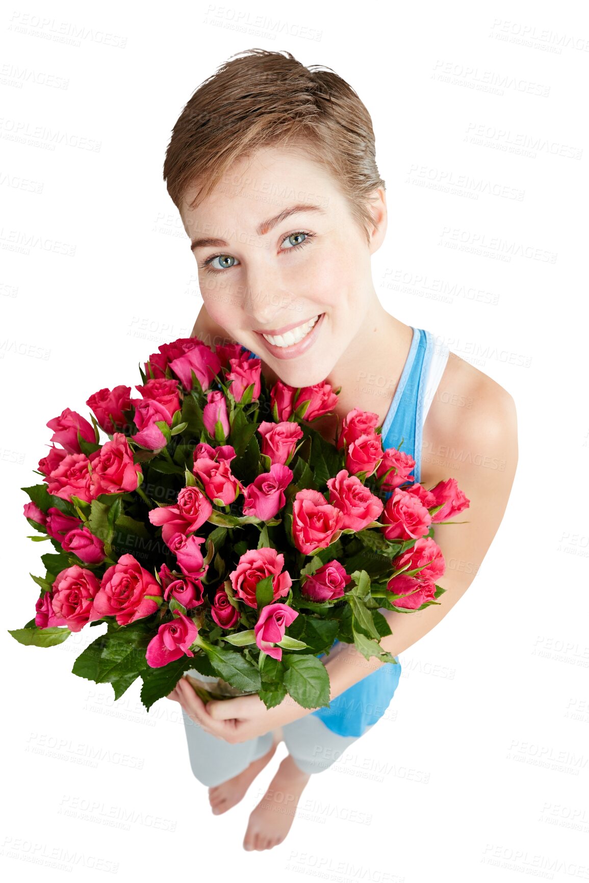 Buy stock photo Woman with smile, rose bouquet in portrait isolated on a transparent, png background with Valentines day gift from above. Nature, floral arrangement and face with happy female and holiday celebration