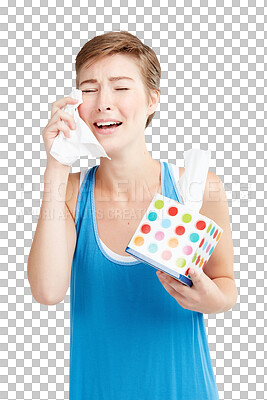 Crying, breakup and box of tissues with a woman feeling sad. Cry, sadness and broken heart with a young female on blank space drying her eyes from tears isolated on a png background