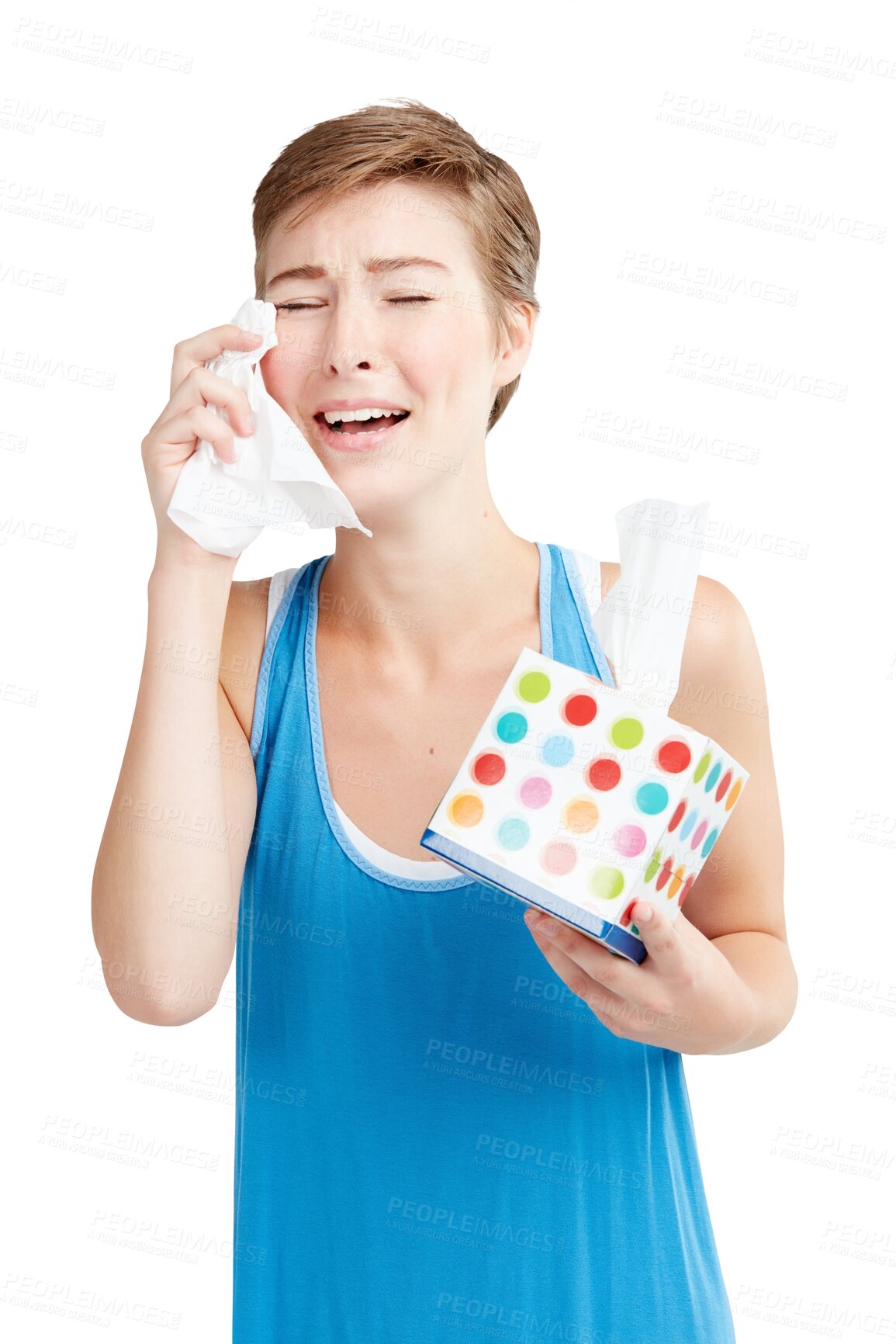 Buy stock photo Sad, tissues and crying with woman on png background for depression, breakup and mental health. Stress, problem and  upset with female isolated on transparent for worry, frustrated and lonely 