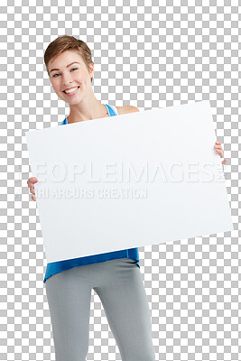 Buy stock photo Excited, mockup and portrait of woman with poster on isolated, png and transparent studio background . Advertising, brand and happy girl with board, banner and bulletin for news, copy space and promo