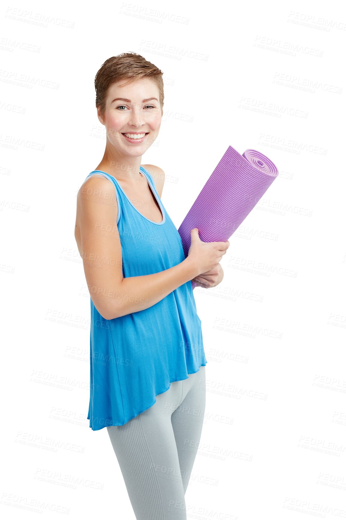 Buy stock photo Fitness, yoga and portrait of woman isolated on transparent, png background and gym mat, workout and exercise. Happy face of young pilates, health or holistic person in sports gear to start training