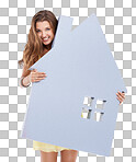 Studio shot of a confident young woman holding a prop of a house in her hands isolated on a png background