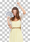 A beautiful young money holding money isolated on a png background