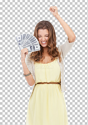 A beautiful young money holding money isolated on a png background