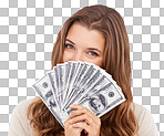 Portrait of an attractive woman holding dollar bills in front of her face isolated on a png background