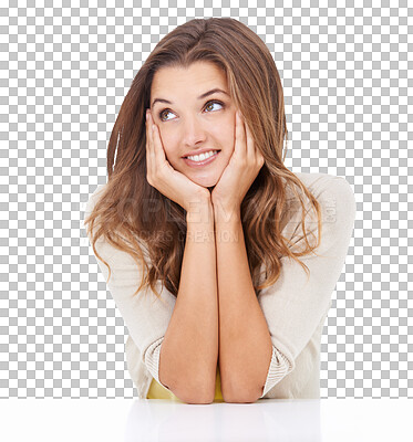 Buy stock photo Smile, thinking and woman with ideas, decision and girl isolated against a transparent background. Female person, happiness and model with thoughts, choice and opportunity with daydreaming and png