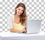 A attractive woman sitting at a table and using a laptop isolated on a png background