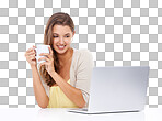 Studio shot of an attractive young woman having coffee and looking at her laptop screen isolated on a png background