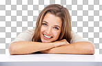 Studio shot of an attractive young woman lying on her arms and smiling at the camera isolated on a png background