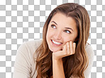 A beautiful woman leaning with her head on her hand and looking thoughtful isolated on a png background	