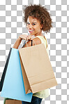 Sale, face and shopping customer or black woman happy with giveaway. Portrait of an excited, fashion and smiling young buyer holding retail bags isolated on a png background