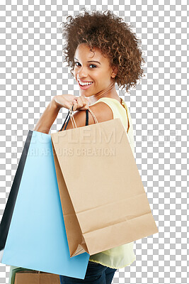 Buy stock photo Sale, face and shopping customer or black woman happy with giveaway. Portrait of an excited, fashion and smiling young buyer holding retail bags isolated on a png background