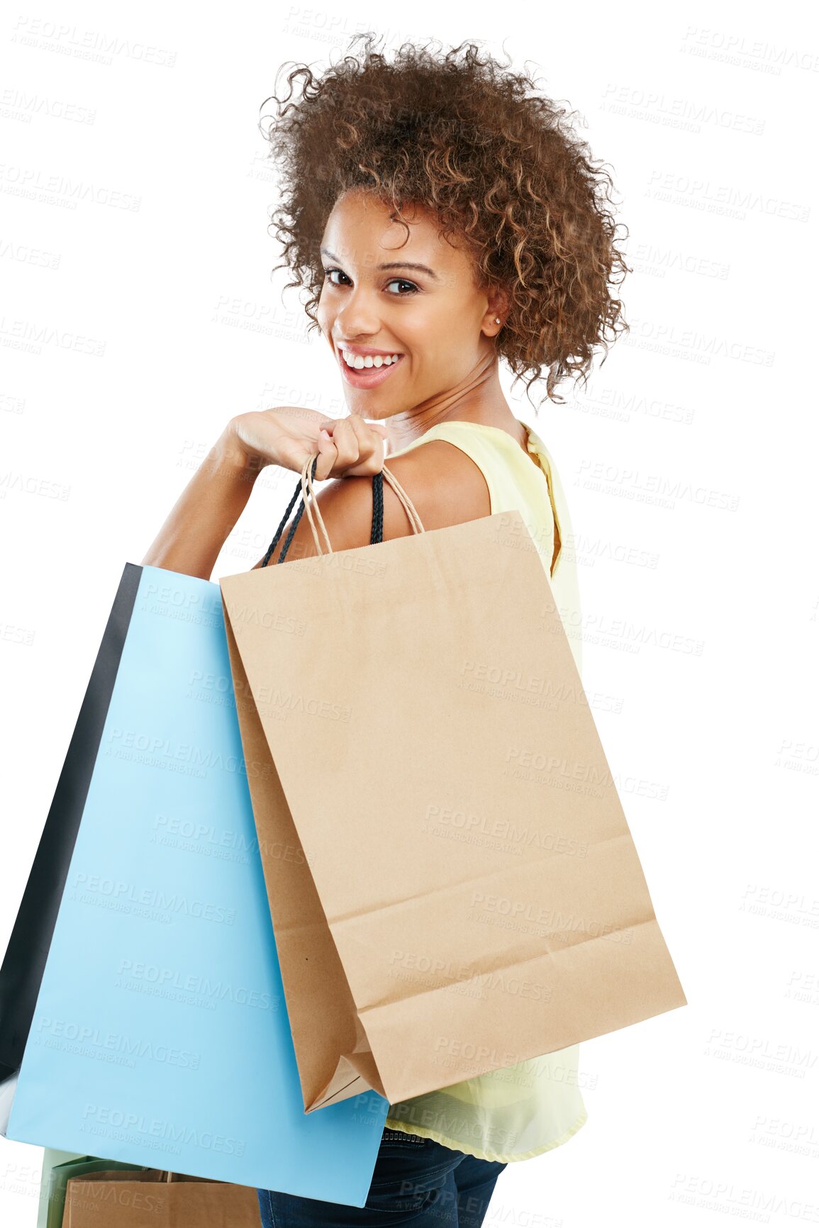 Buy stock photo Sale, face and shopping customer or black woman happy with giveaway. Portrait of an excited, fashion and smiling young buyer holding retail bags isolated on a png background