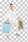 Happy woman jump with bag from shopping, fashion and retail, customer in air isolated on a png background. Smile in portrait, luxury designer brand and clothes, gift and discount sale with freedom