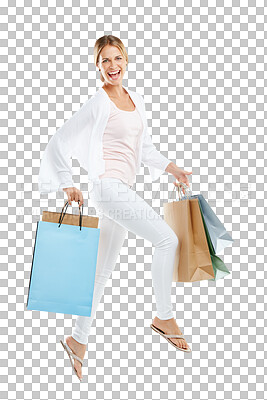 Buy stock photo Woman jump, excited portrait and shopping bag for retail market and sale promotion. Female, customer and happy boutique purchase with clothes package and smile isolated on transparent, png background