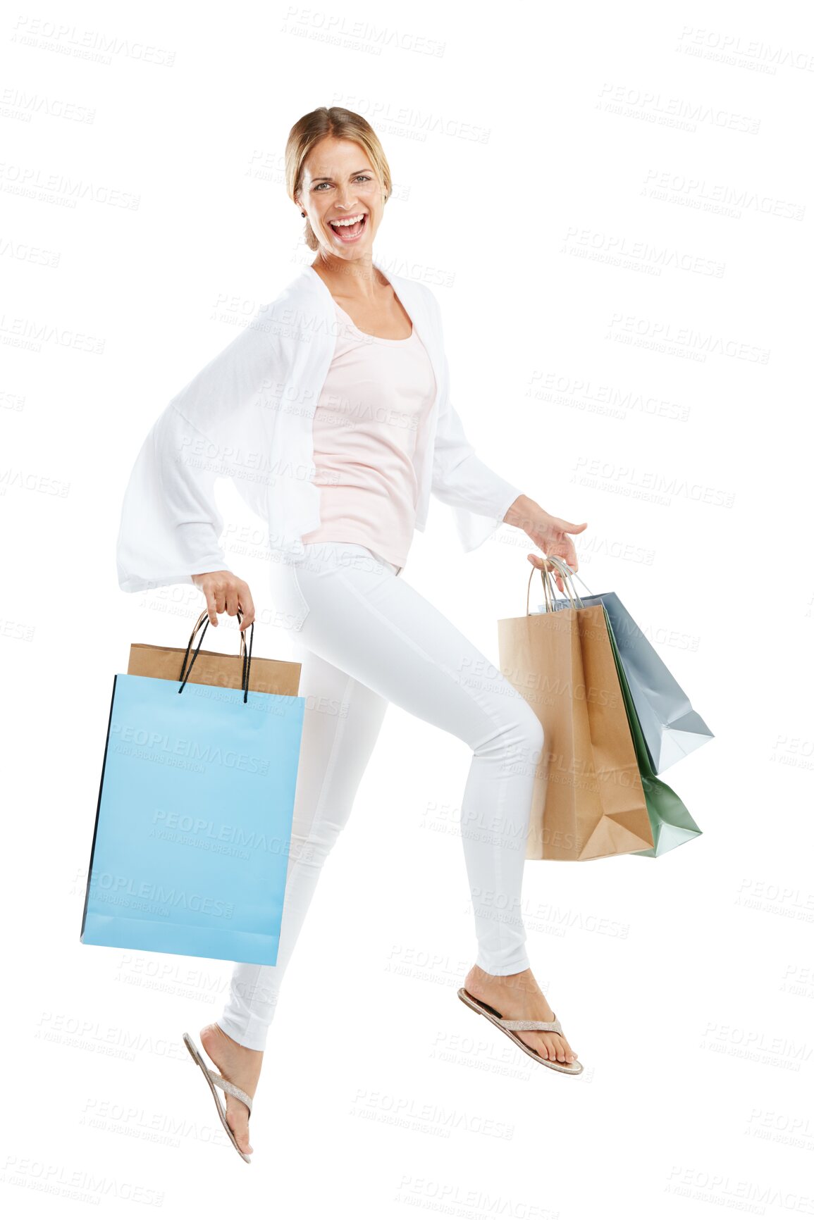 Buy stock photo Woman jump, excited portrait and shopping bag for retail market and sale promotion. Female, customer and happy boutique purchase with clothes package and smile isolated on transparent, png background