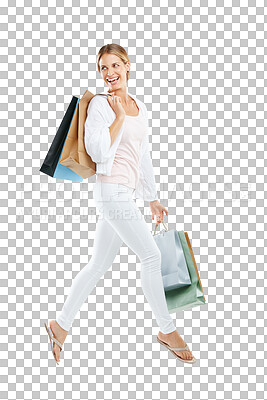 Buy stock photo Excited woman, smile and shopping bag for retail market, sales or promotion deal. Female, customer or happy boutique purchase with clothes package and happiness isolated on transparent png background