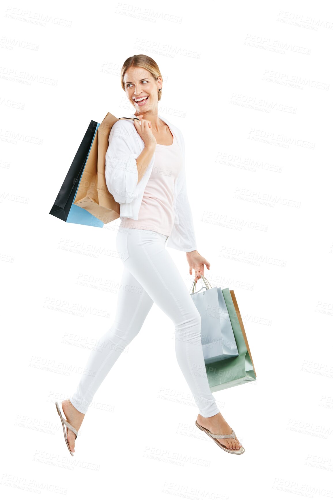 Buy stock photo Excited woman, smile and shopping bag for retail market, sales or promotion deal. Female, customer or happy boutique purchase with clothes package and happiness isolated on transparent png background