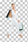 Woman, happy customer with shopping bag, fashion and retail, shopping and customer in air. Smile in portrait, designer brand and clothes, paper bag gift and discount sale isolated on a png background