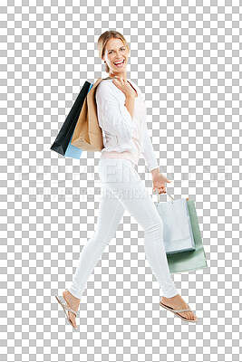 Buy stock photo Woman, excited portrait and shopping bag jump for retail market and sale promotion. Female, customer and happy boutique purchase with clothes package and smile isolated on transparent, png background