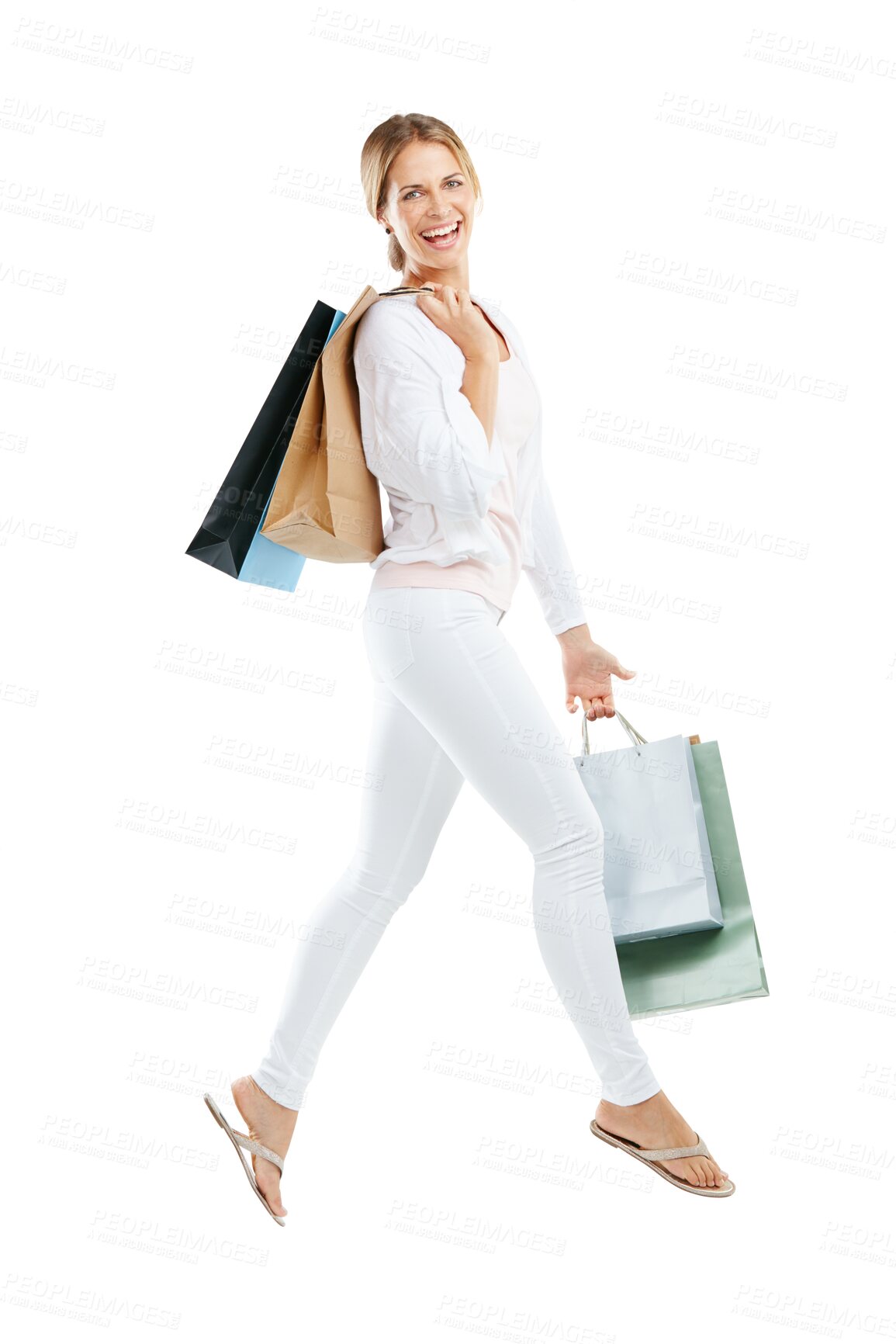 Buy stock photo Woman, excited portrait and shopping bag jump for retail market and sale promotion. Female, customer and happy boutique purchase with clothes package and smile isolated on transparent, png background