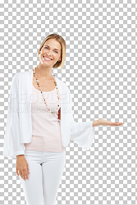 Buy stock photo Happy, product placement and portrait of senior woman on png, isolated and transparent background in studio. Advertising, mockup and elderly lady with hand gesture for copy space, promotion and show