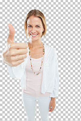 Thumbs up, woman and smile in portrait with agreement, feedback and positive review isolated on a png background. OK, success and motivation with hand zoom, happy woman with yes vote mockup and emoji