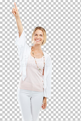Happy, smile and portrait of a woman pointing in studio with mockup space for marketing or advertising. Happiness, casual and model from Canada point finger for direction isolated on a png background