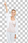 Happy, smile and portrait of a woman pointing in studio with mockup space for marketing or advertising. Happiness, casual and model from Canada point finger for direction isolated on a png background