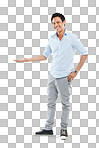 Young businessman, success smile and open hands or standing ready for employee happiness, positive mindset and isolated on a png background. Man, happy gesture and confident entrepreneur in studio