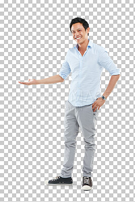 Buy stock photo Open hands, happy and portrait of asian man on png background for promotion, announcement and idea. Offer, news and presentation with male isolated on transparent for product placement and show