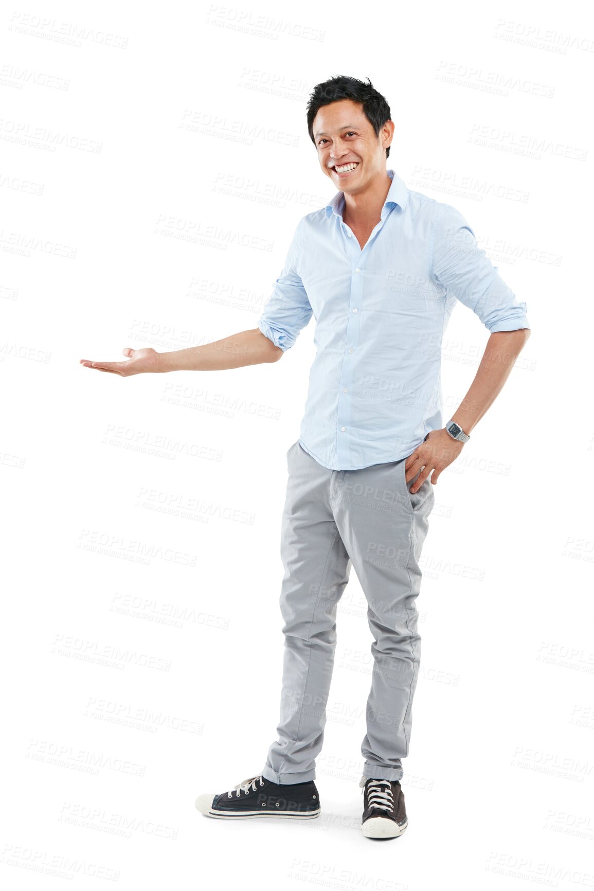 Buy stock photo Open hands, happy and portrait of asian man on png background for promotion, announcement and idea. Offer, news and presentation with male isolated on transparent for product placement and show