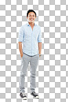 Young businessman, success portrait and standing ready for employee happiness, positive mindset and isolated on a png background. Man, happy and confident entrepreneur or startup motivation in studio