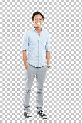 Buy stock photo Young businessman portrait, success and standing ready for employee happiness, confidence and isolated transparent png background. Asian man, happy and confident entrepreneur or startup motivation