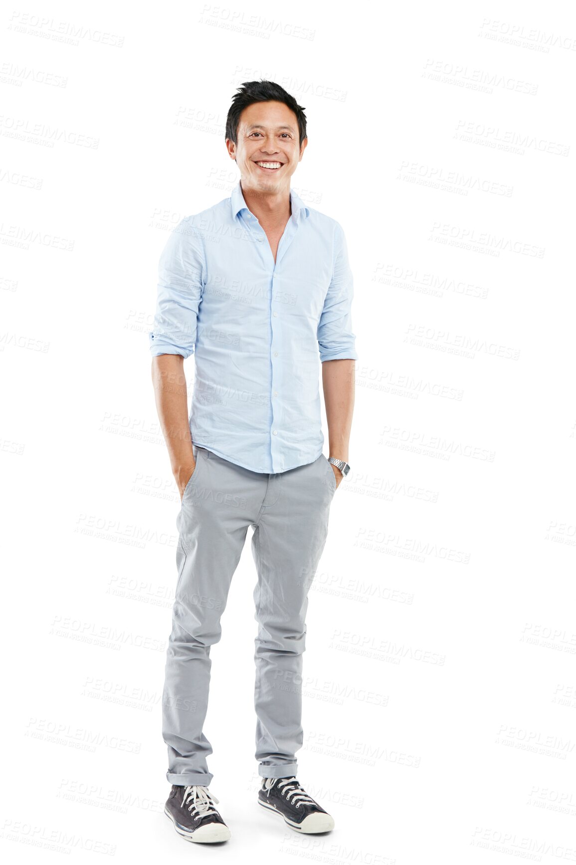 Buy stock photo Young businessman portrait, success and standing ready for employee happiness, confidence and isolated transparent png background. Asian man, happy and confident entrepreneur or startup motivation