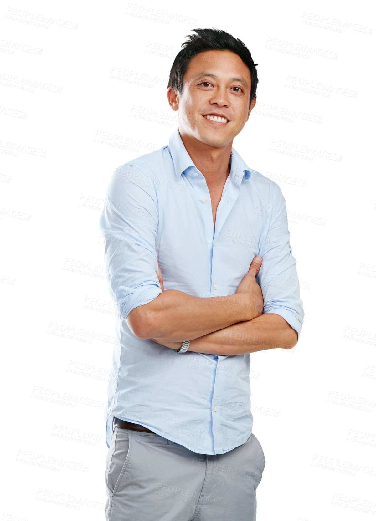 Buy stock photo Portrait, man and proud asian in studio, happy and smile while posing, empowered. Businessman, confidence and young, handsome or modern entrepreneur and relax isolated on transparent, png background