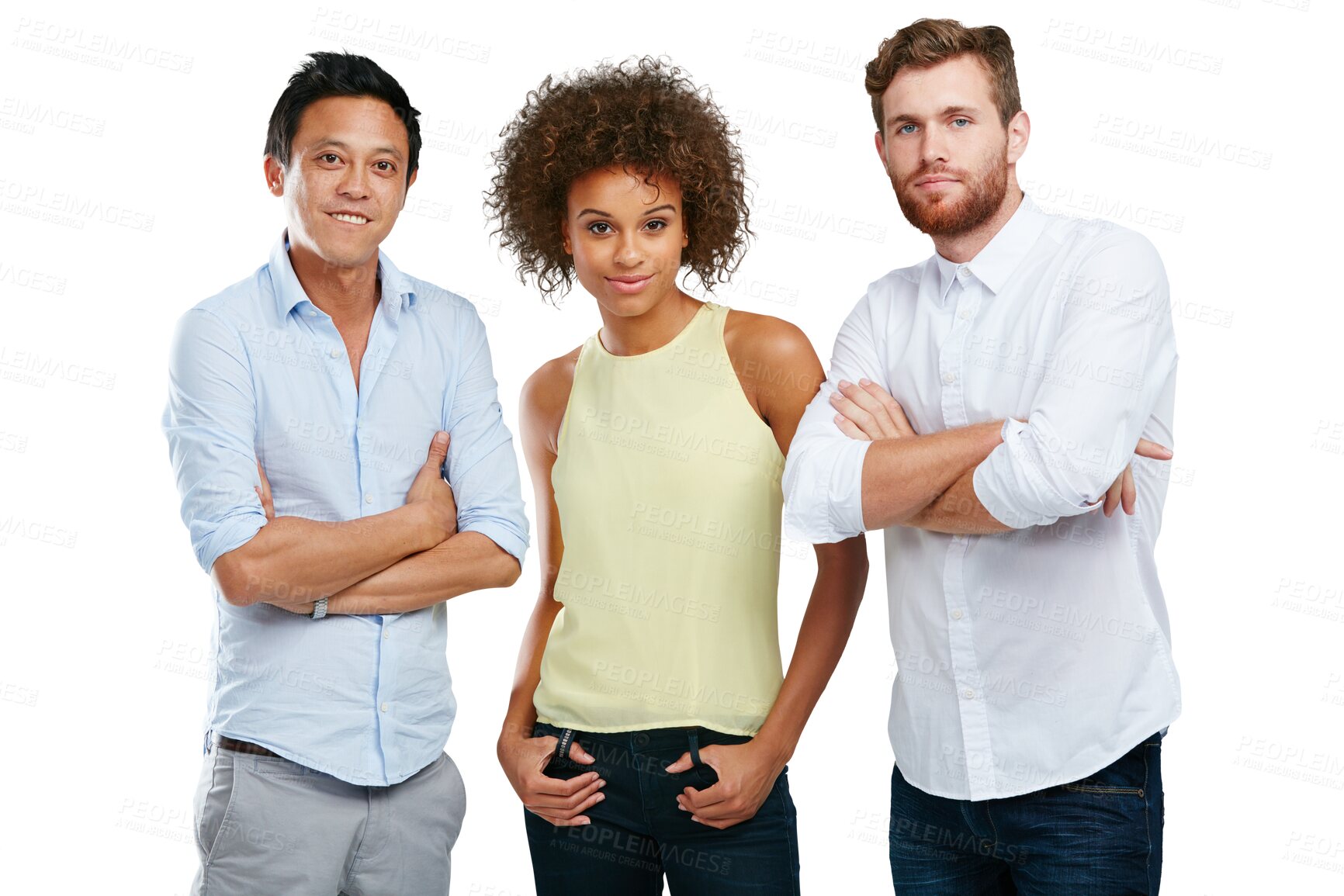 Buy stock photo Friends, portrait and arms crossed in diversity for about us profile picture. Smile, happy or creative casual group of people or model standing in confidence isolated on transparent png background