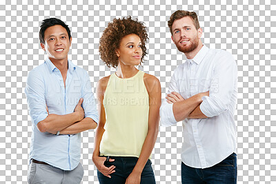 Buy stock photo Diversity, group of people together and support standing isolated on a transparent png background. Portrait of interracial team, casual friends and relaxing with positive mindset or confidence