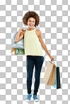 Black woman, happy portrait and shopping bag for retail market, promotion or isolated on a png background. African girl, customer smile and boutique purchase, clothes package and happiness in studio