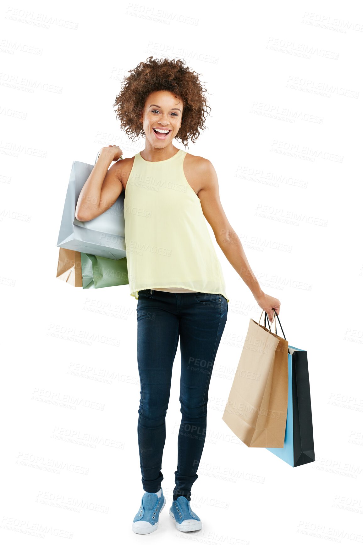 Buy stock photo Woman, portrait and shopping bag for retail market and sale promotion. Female, excited customer and happy boutique purchase with clothes package and happiness isolated on transparent, png background